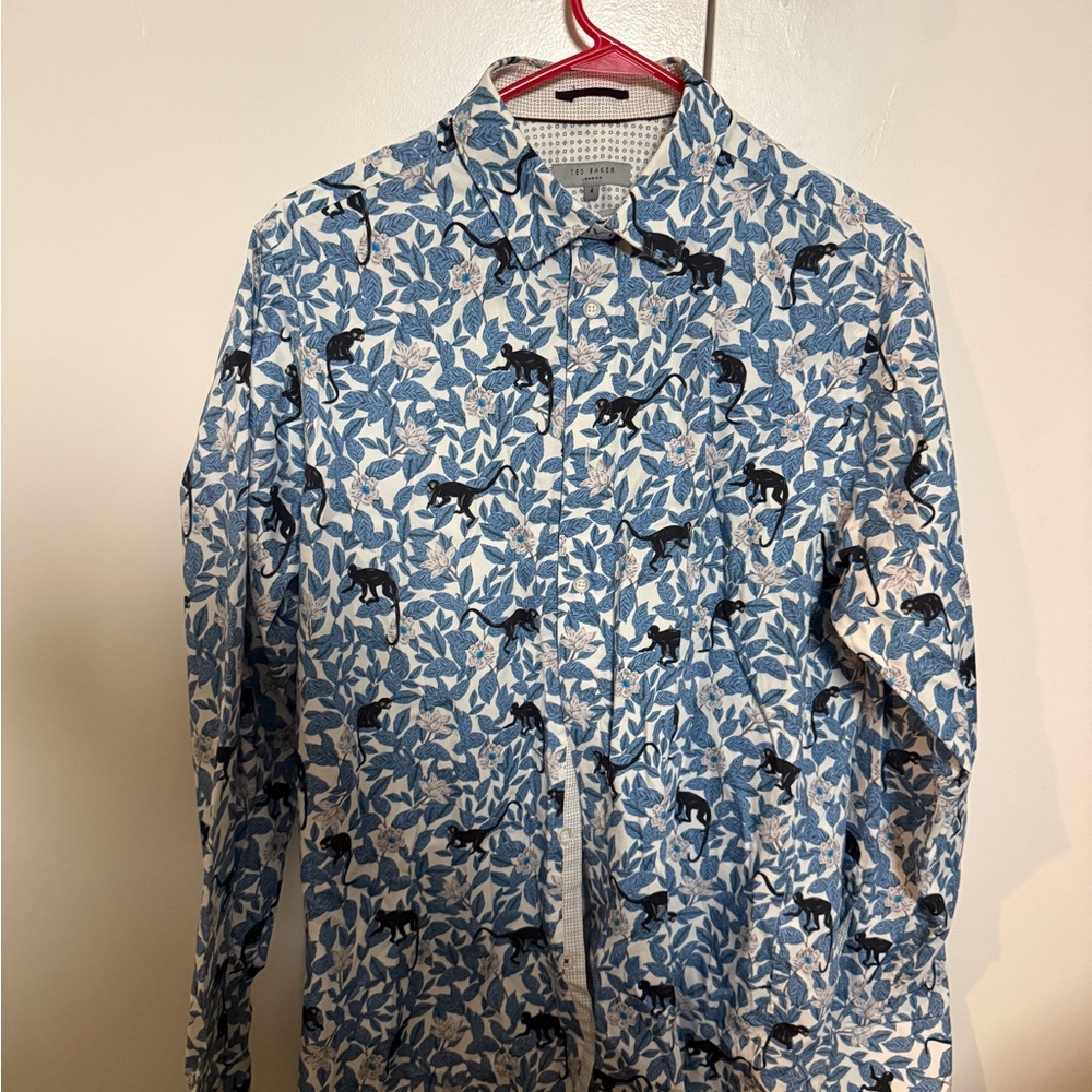 Ted Baker Blue and White Leaf Print Men's Shirt